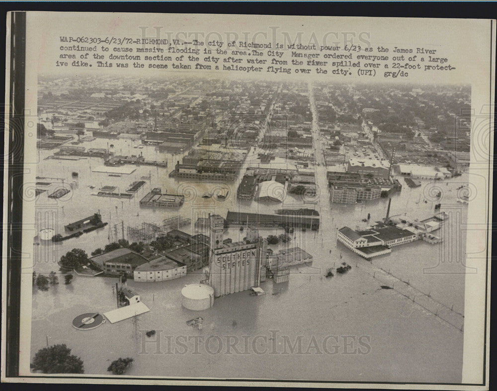 1972 Press Photo Richmond Virginia Without Power & James River Flooding - Historic Images