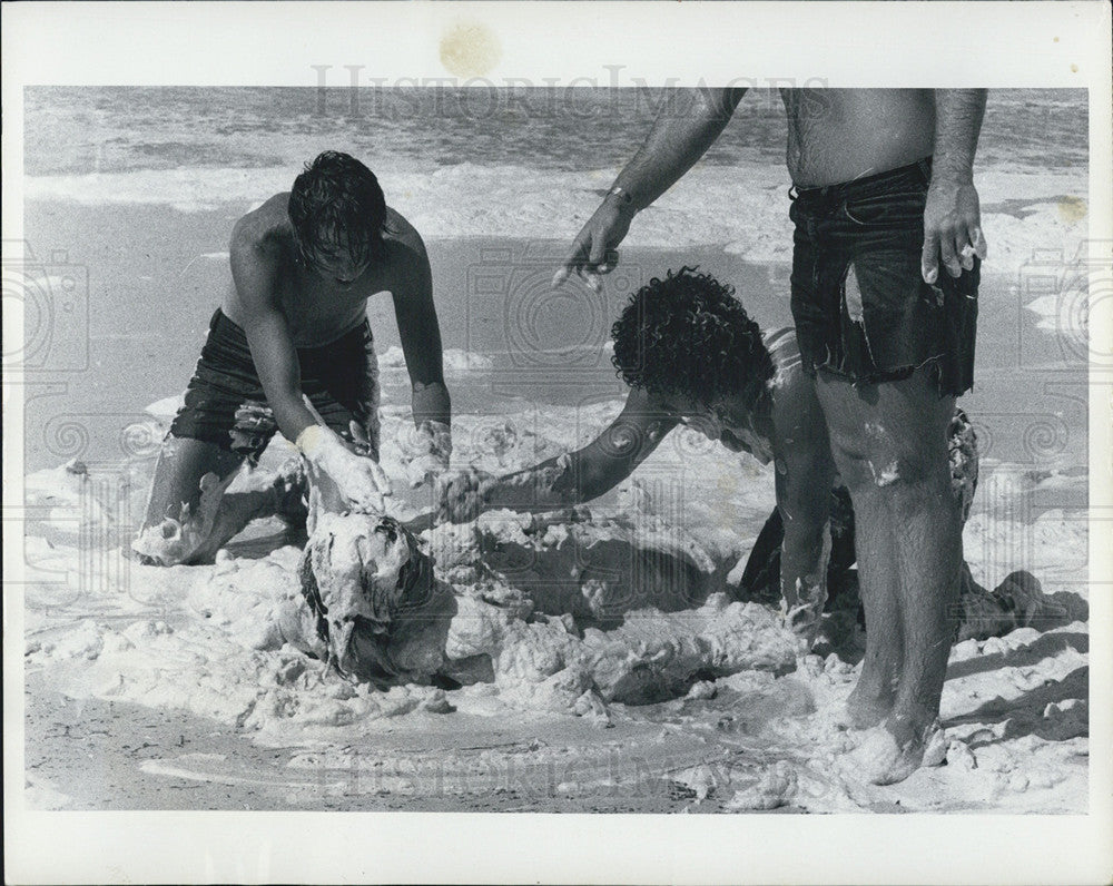 1972 Press Photo Young Men Wrestling in Salt Water Foam - Historic Images