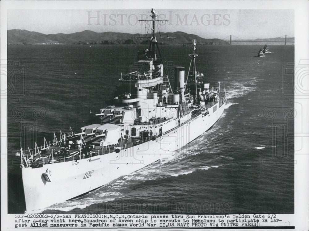 1959 Press Photo H.M.C.S. Ontario ship passes thru San Francisco&#39;s Golden Gate - Historic Images