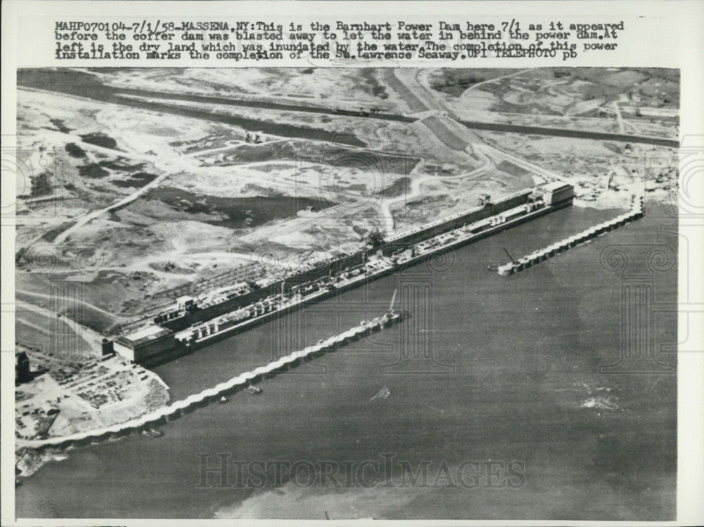 1958 Press Photo Bird&#39;s Eye View Barnhart Power Dam Before Coffer Dam Blast - Historic Images