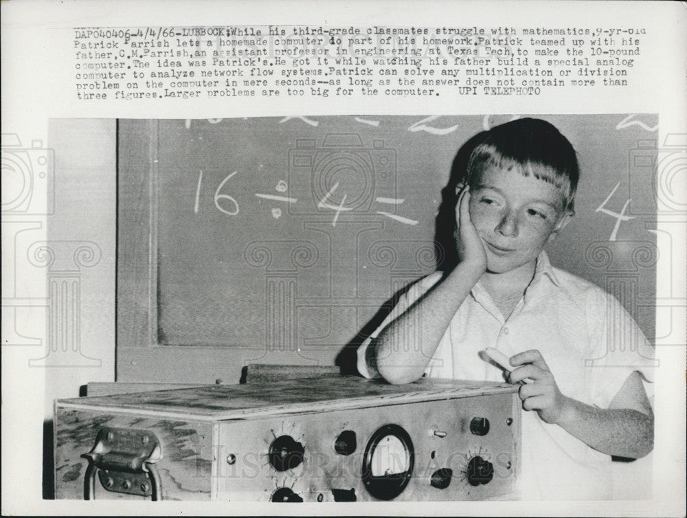 1966 Press Photo 9 yr old Patrick Parish teams up w/ father to make computer - Historic Images