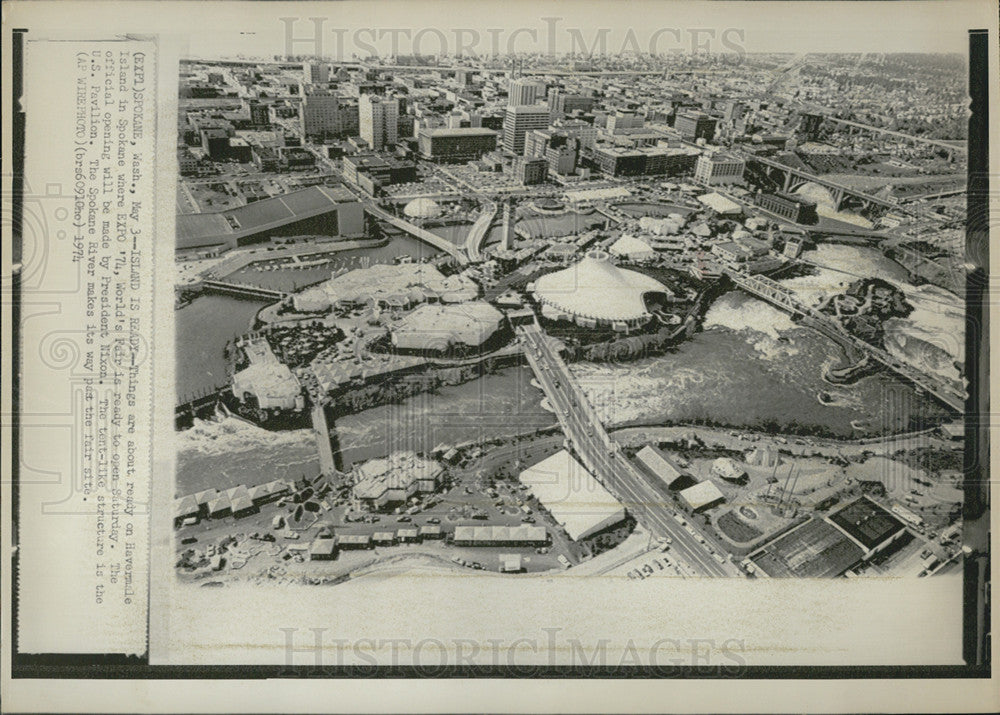 1974 Press Photo Aerial view of Havermale Island in Spokane where EXPO &#39;74 is held - Historic Images