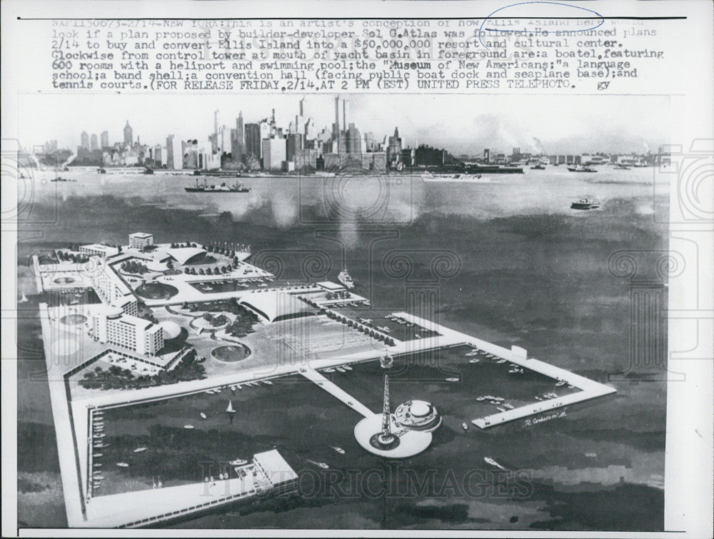 1958 Press Photo Concept drawing of the proposed Ellis Island in New York - Historic Images