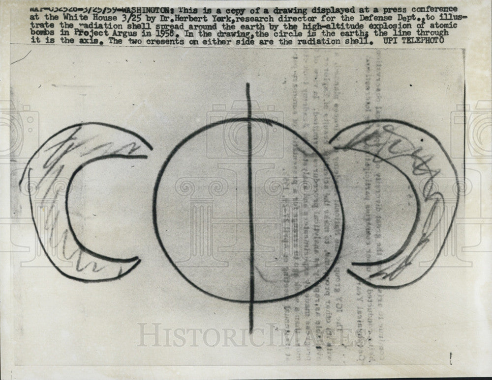 1959 Press Photo A drawing of radiation shell spreading around the earth - Historic Images