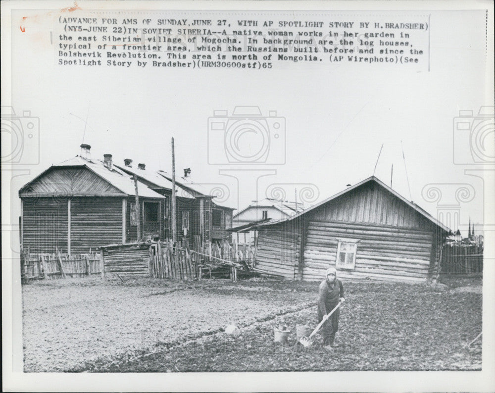 1965 Press Photo Native woman works in garden Siberian Village of Mogocha - Historic Images