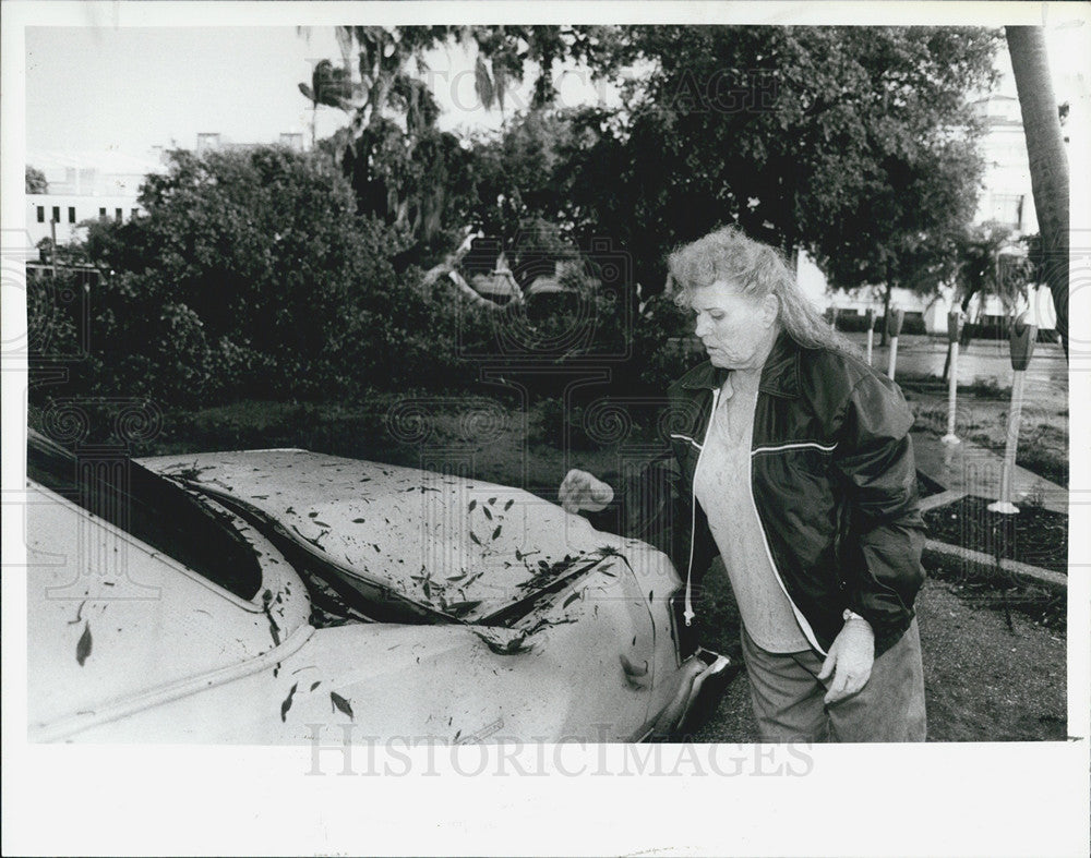 1992 Press Photo Woman Examines Damage to Car After Storm - Historic Images