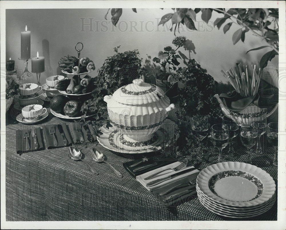 1969 Press Photo Table Setting Candles Fruit Vegetables Plates Flatware Glasses - Historic Images