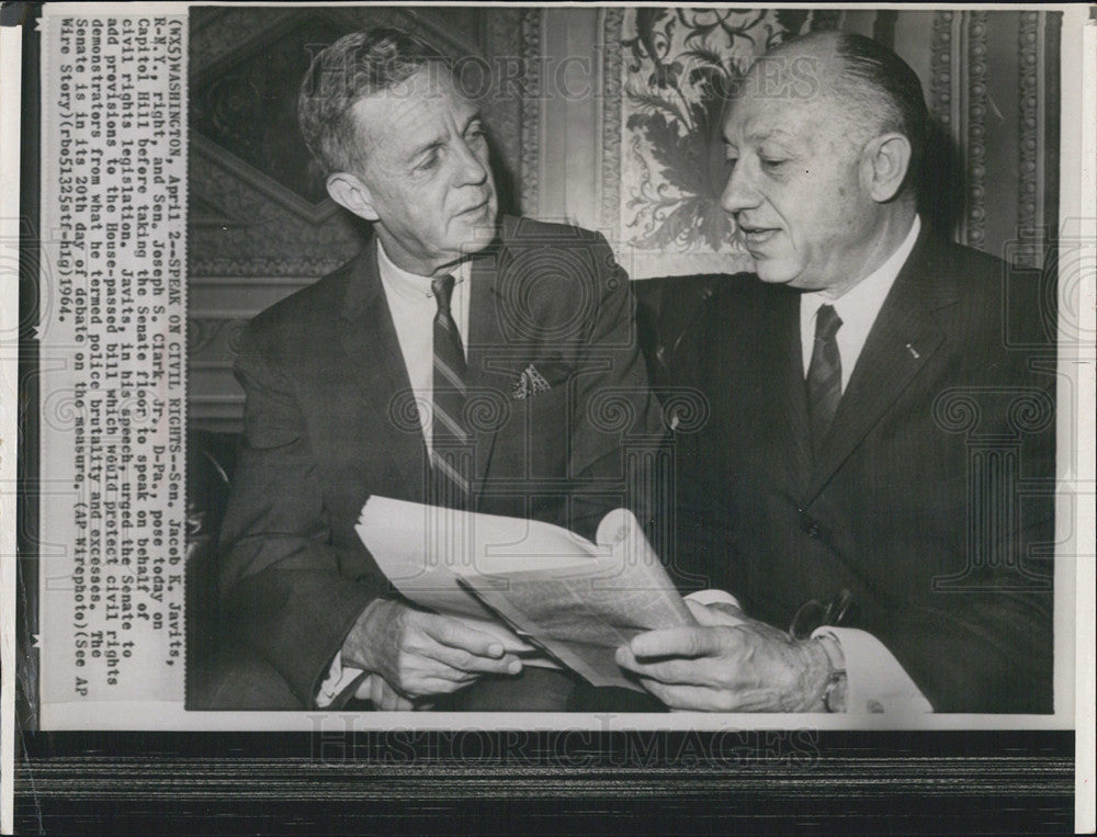 1964 Press Photo Senator Jacob Javits Joseph Clark Civil Rights Legislation - Historic Images