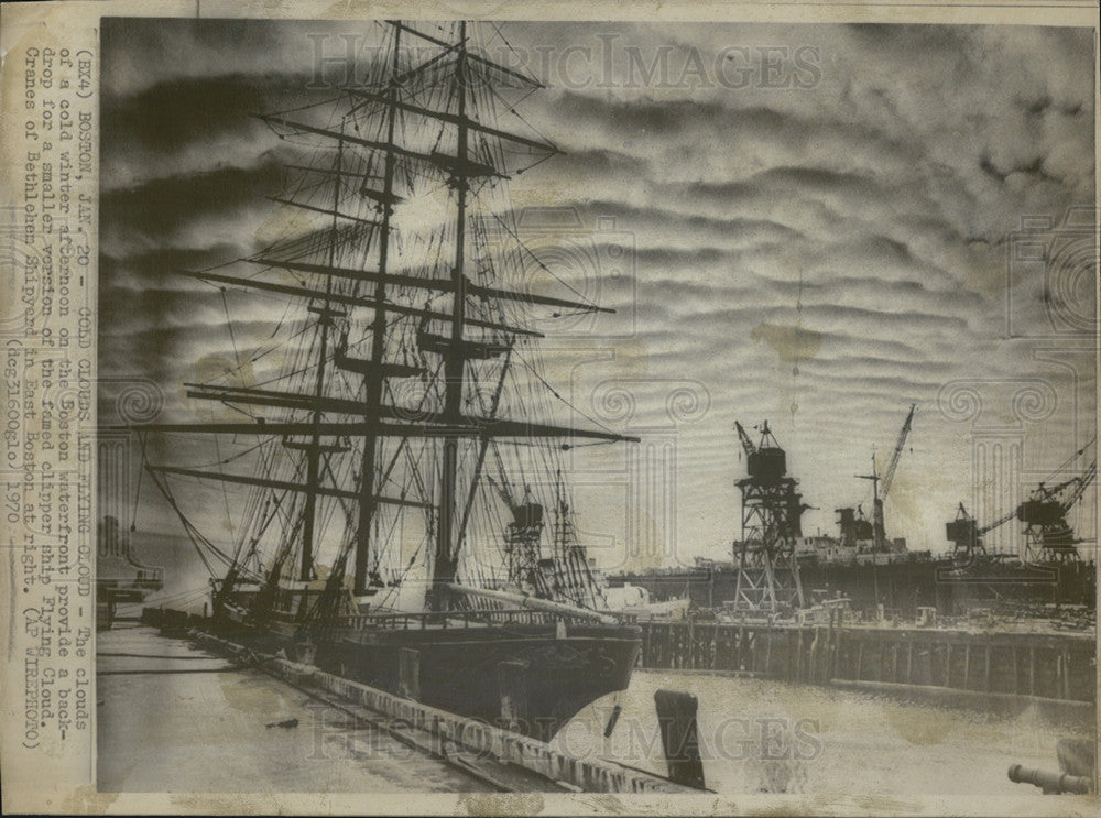 1970 Press Photo Famed Clipper Ship Flying Cloud on the Boston Waterfront - Historic Images