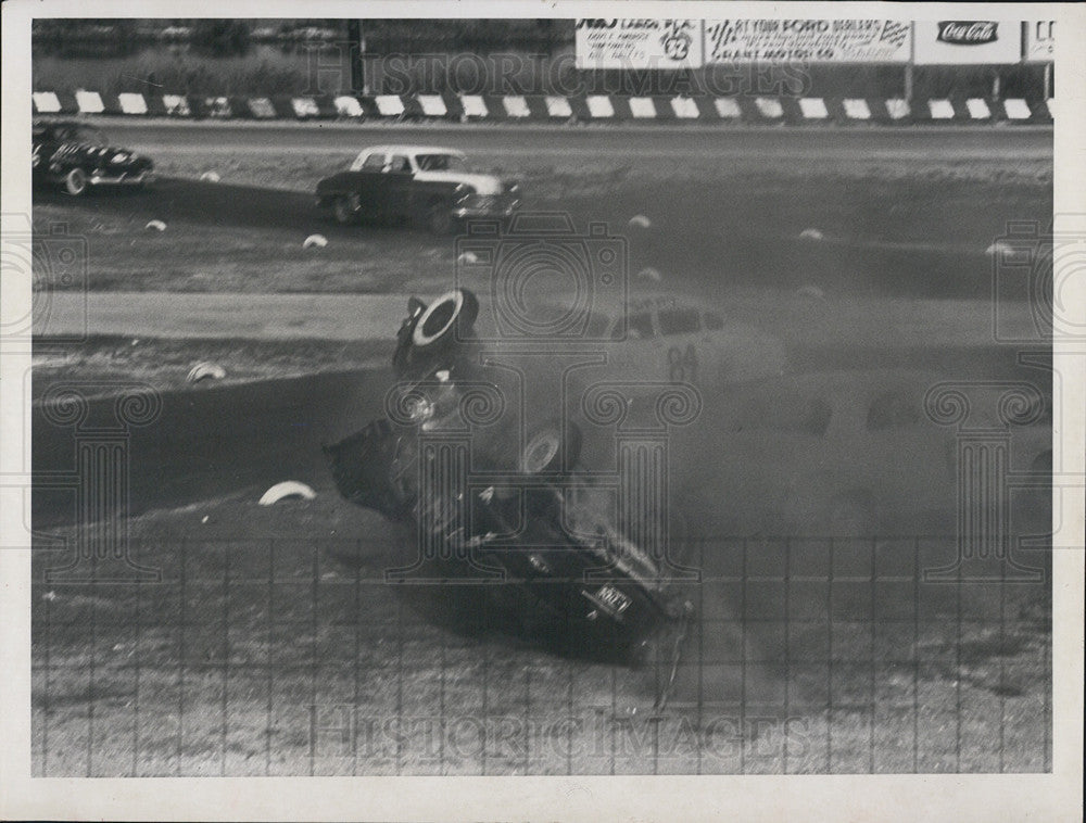 1964 Press Photo Bill Hancock Car Hit Figure &amp; Race Track Sunshine Speedway - Historic Images