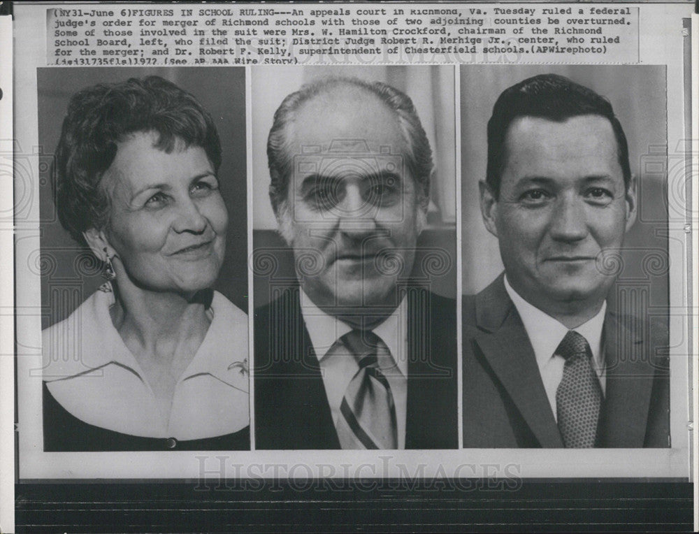 1972 Press Photo Richmond School Board Decision Mrs Crockford Robert Merhige - Historic Images