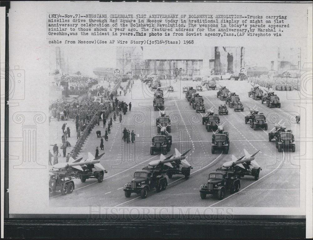 1968 Press Photo Russia Bolshevik Revolution Anniversary Trucks Parade Missiles - Historic Images