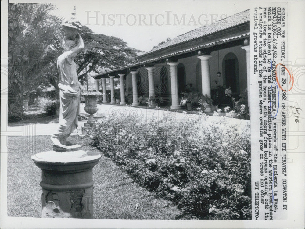 1962 Press Photo Hacienda La Vega oldest inhabited place in Western Hemisphere - Historic Images
