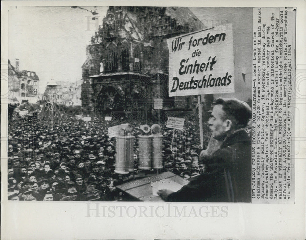 1948 Press Photo Trade Union Chairman Addresses German Workers Main Market - Historic Images