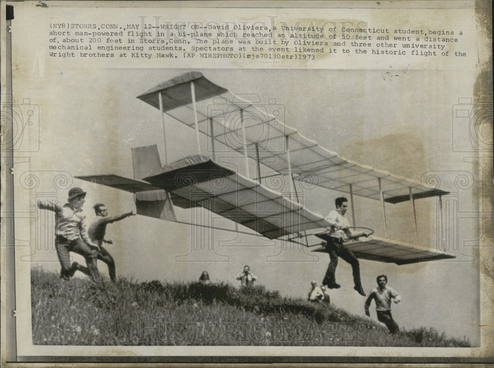 1973 Press Photo David Oliviera Connecticut Student Bi-Plane Similar to Wright - Historic Images