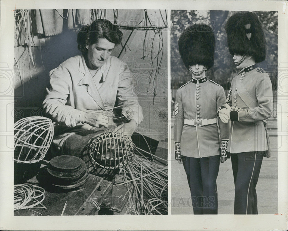 1958 Press Photo (L) She is Working on Hats for British Guardmen (R) WW II - Historic Images