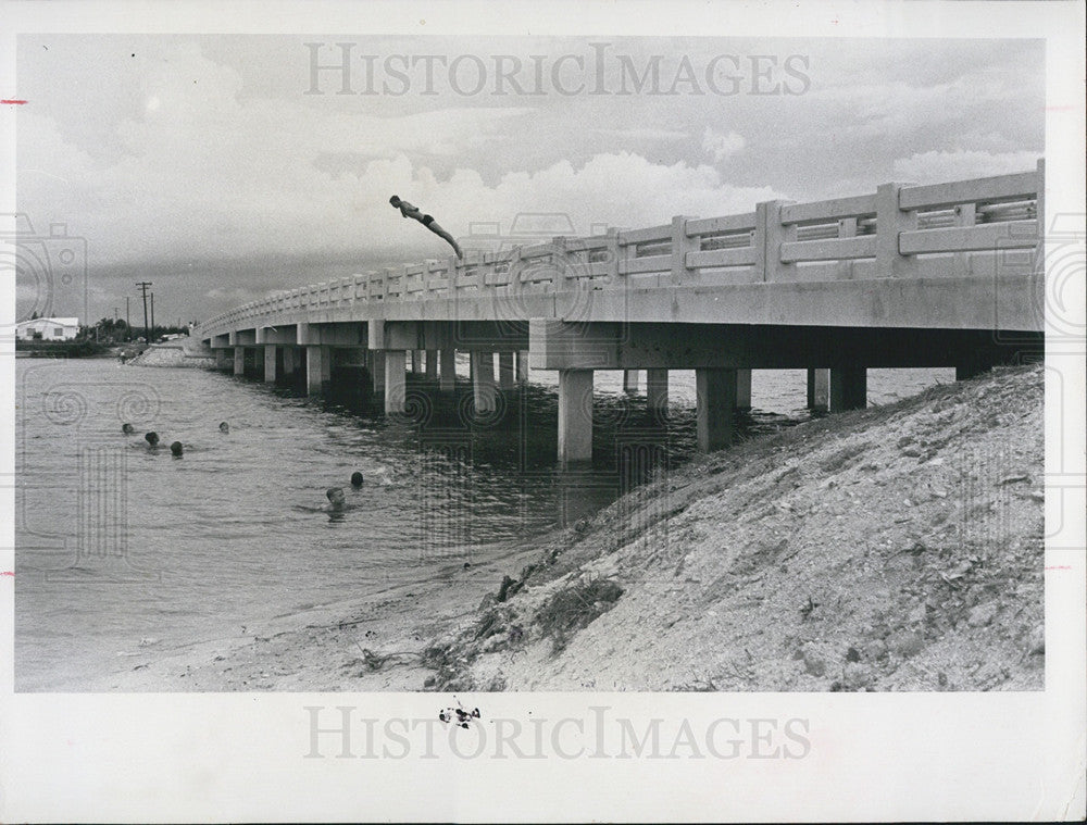 Press Photo Swimmers Dive off of Bridge - Historic Images