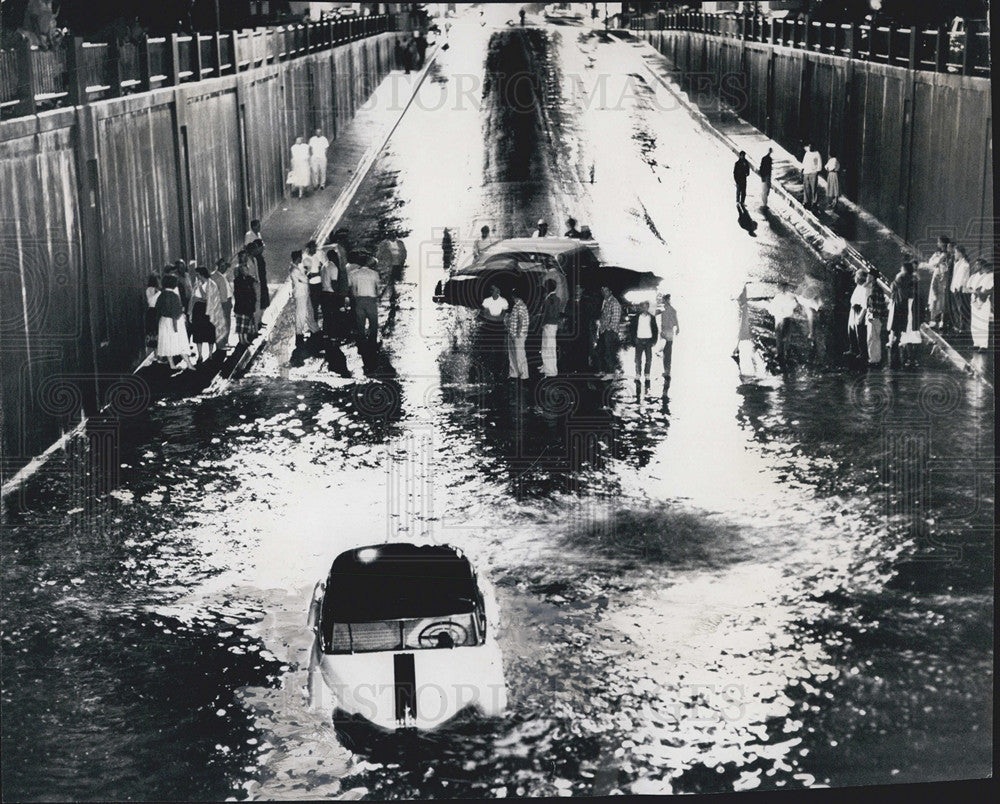 1958 Press Photo Denver Flooding Turns Underpass into Car Trap - Historic Images