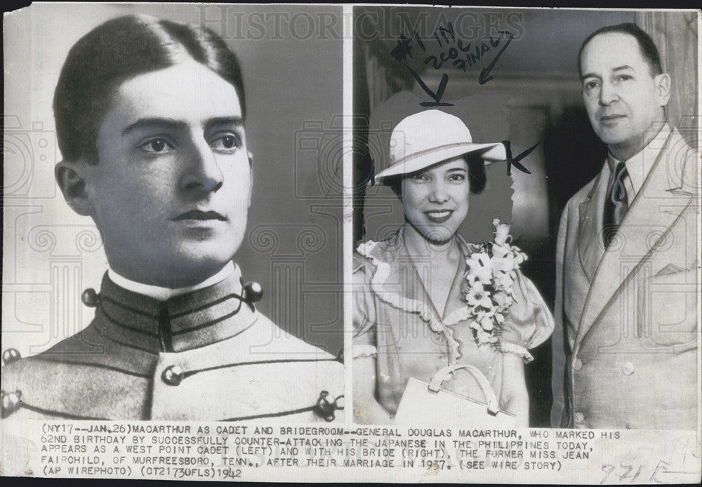 1942 Press Photo General Douglas MacArthur and bride Jean Fairchild - Historic Images