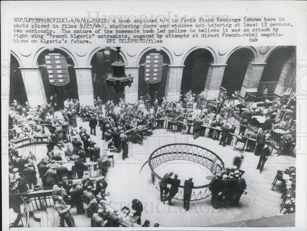 1961 Press Photo Homemade bomb exploded Paris Stock Exchange - Historic Images