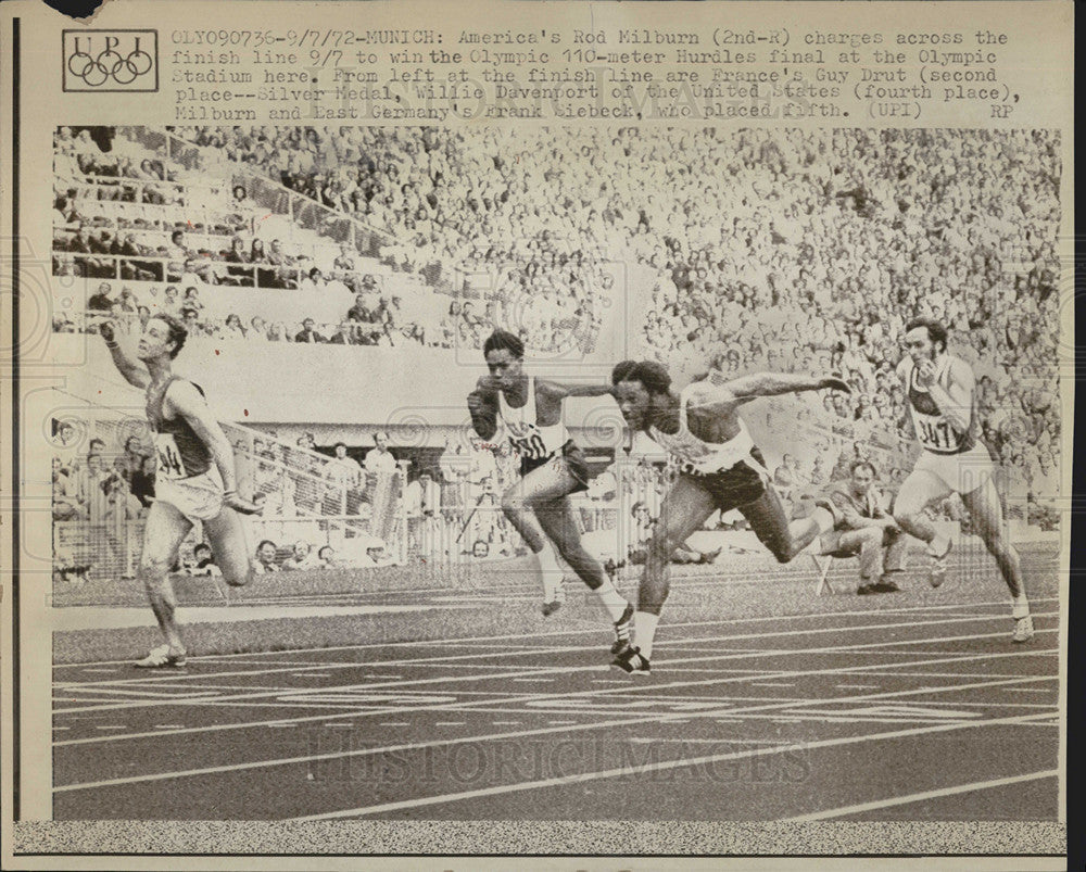 1972 Press Photo America&#39;s Rod Milburn charges finish line to win 100-meter - Historic Images