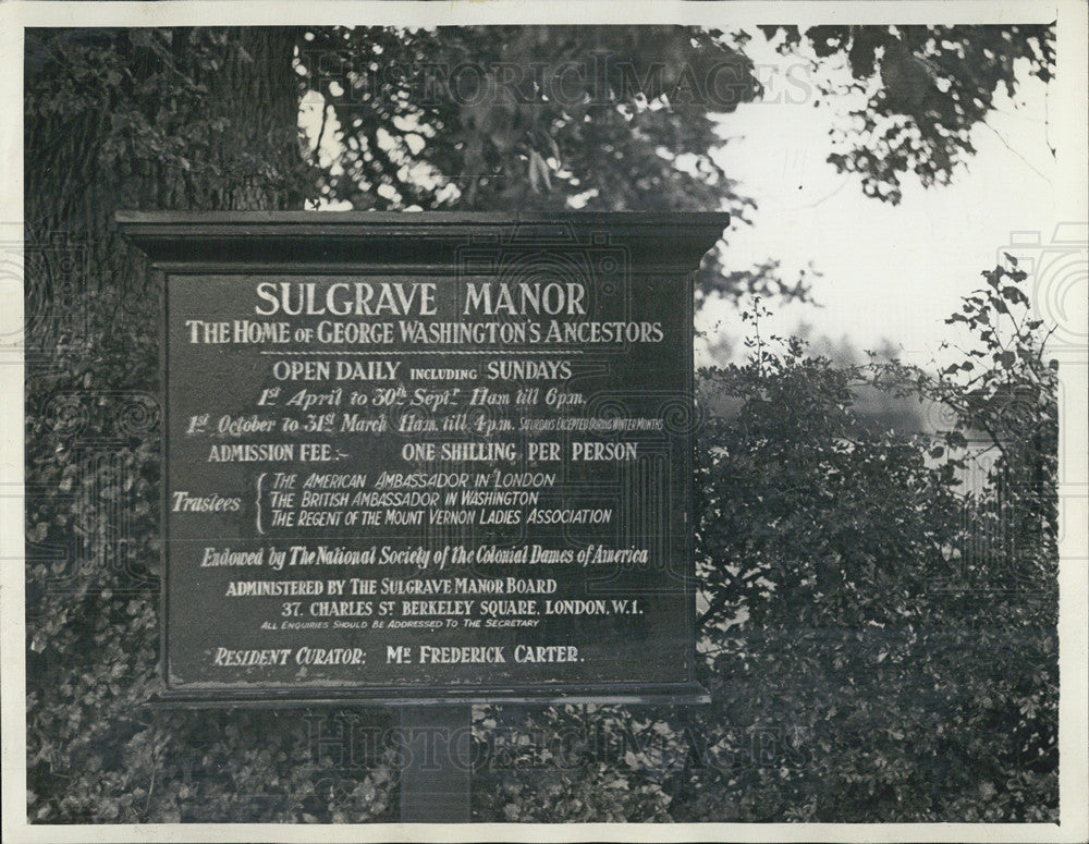 1938 Press Photo Sign, Sulgrave Manor - Historic Images