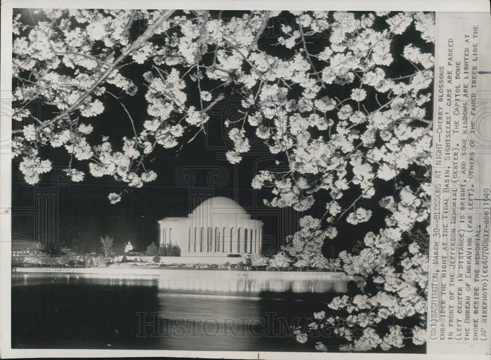 1949 Press Photo Cherry Blossoms, Tidal Basin, Jefferson Memorial - Historic Images