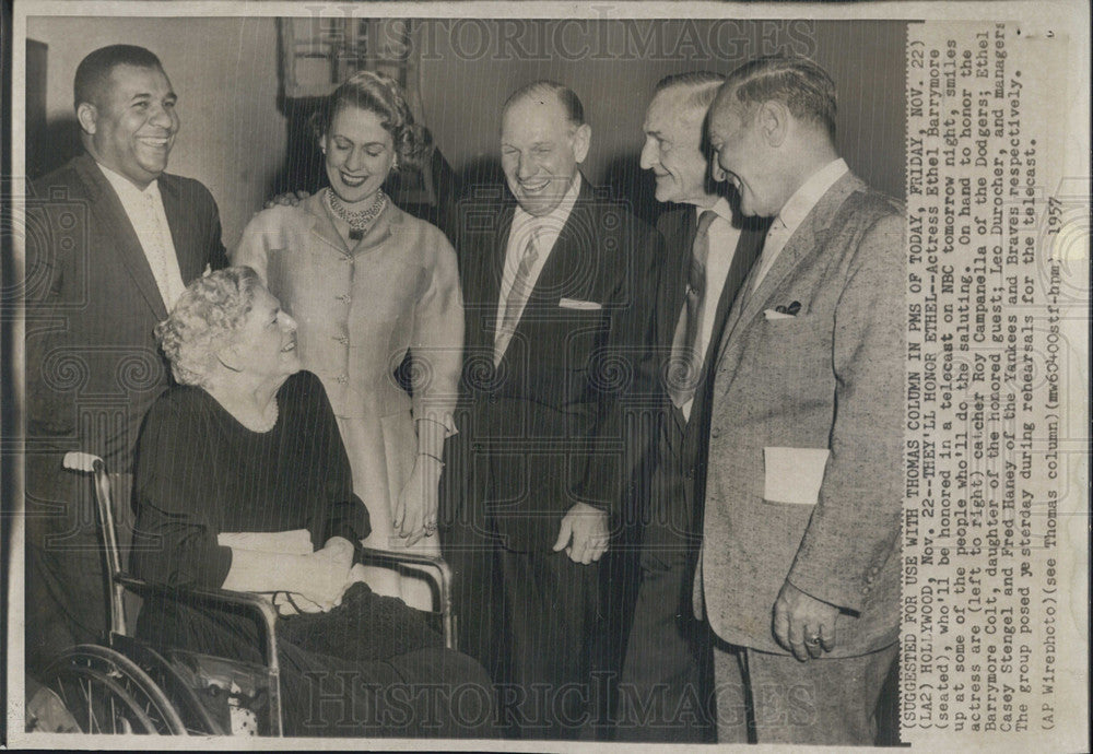 1957 Press Photo Ethel Barrymore, Roy Campanella, Ethel Colt, Leo Durocher - Historic Images