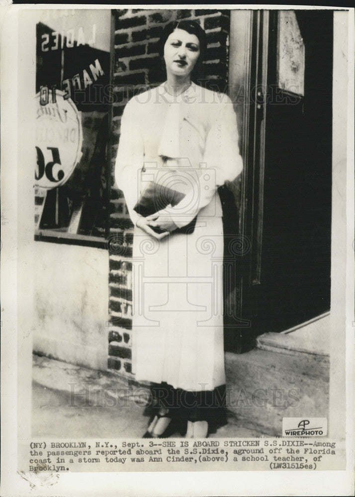 Press Photo Ann Cinder, School Teacher and is Aboard Stricken S.S. Dixie - Historic Images