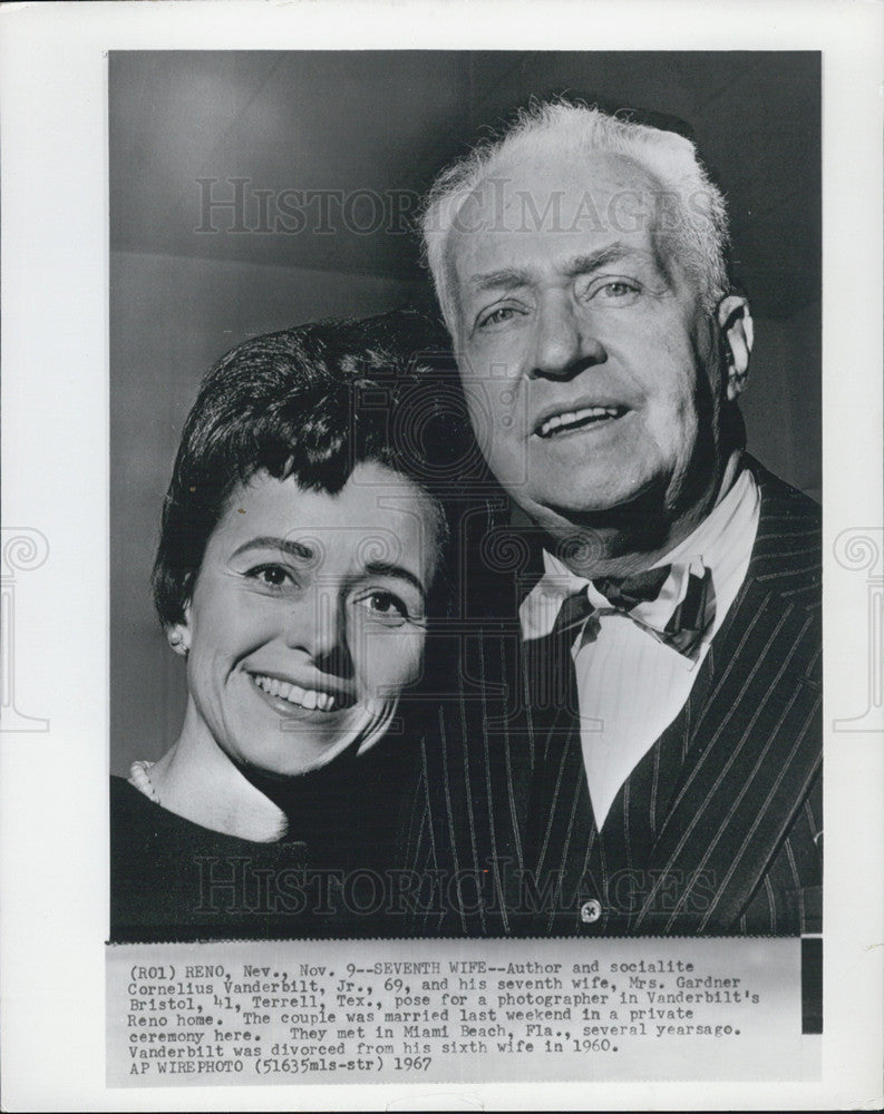 1967 Press Photo Cornelius Vanderbilt, Jr. takes his 7th wife, Gardner Bristol - Historic Images