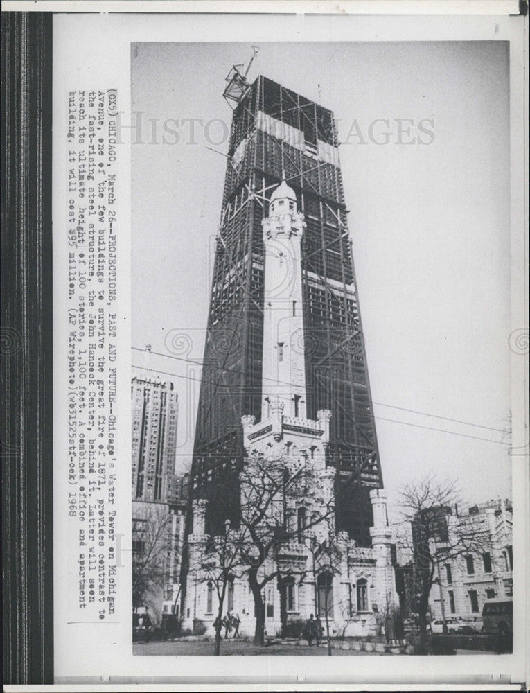 1968 Press Photo John Hancock Center Construction Dwarfs Chicago Water Tower - Historic Images