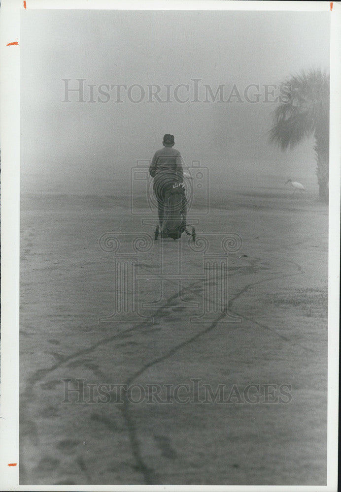 1988 Press Photo Golfer Walking On Foggy Fairway Sunset Golf And Country Club - Historic Images