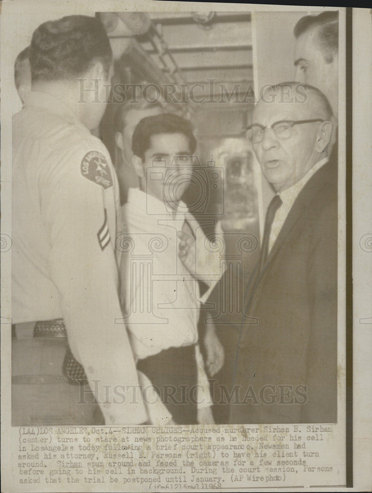 1968 Press Photo Accused Murderer Sirhan Sirhan Attorney Russell Parsons - Historic Images