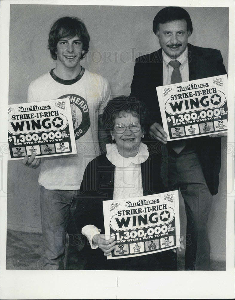 1985 Press Photo Wingo Winners Eugene Camastro, Richard Harck, Vivian La Porte - Historic Images