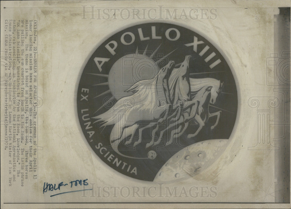1970 Press Photo Apollo 13 Lunar Landing Mission Emblem - Historic Images