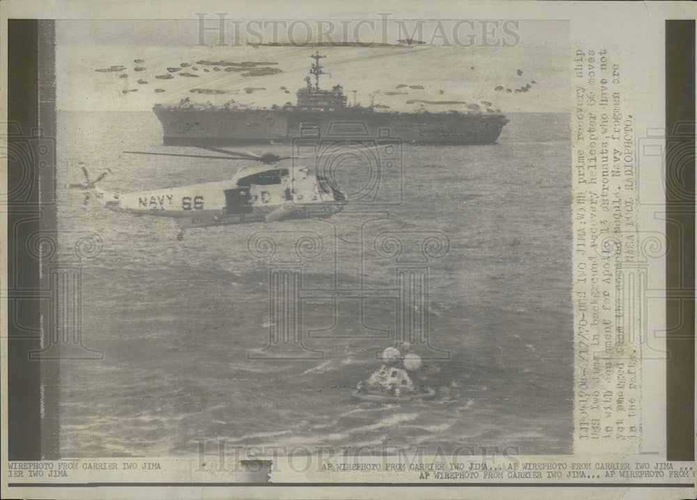 1970 Press Photo Recovery Ship USS Iwo Jima Helicopter Apollo 13 Module - Historic Images