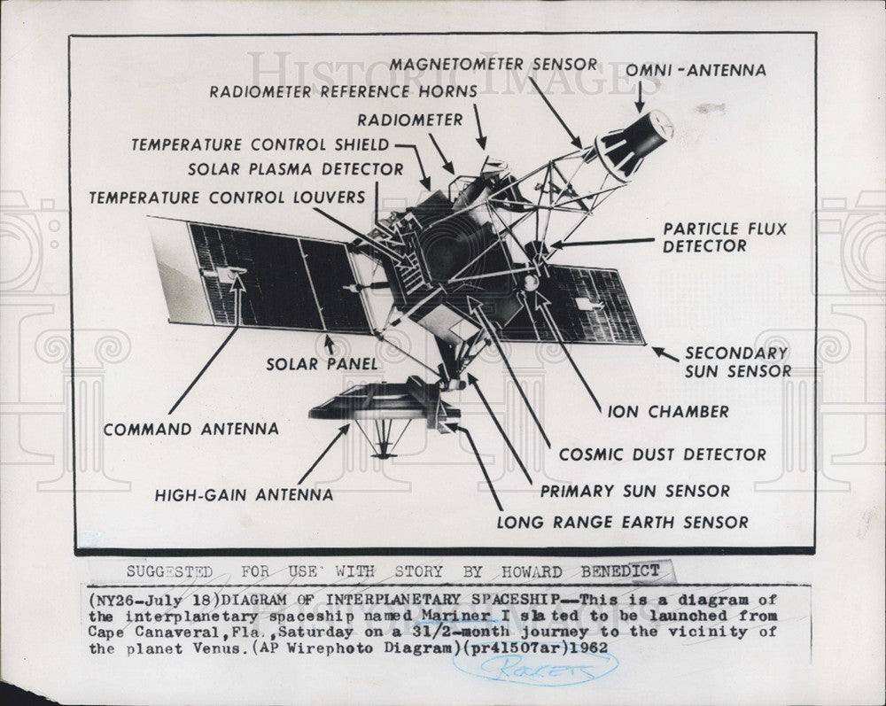 1962 Press Photo Diagram of Mariner 1 Spaceship for launch from Cape Canaveral - Historic Images