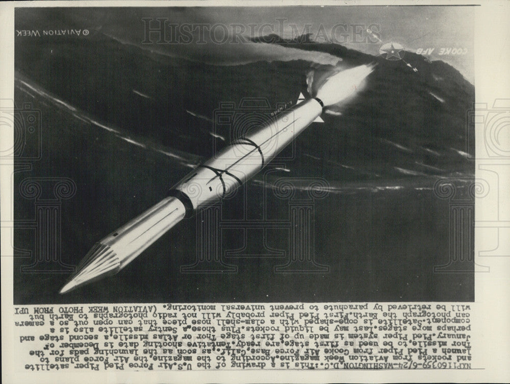 1958 Press Photo Drawing Of US Air Force Pied Piper Satellite And Rockets - Historic Images