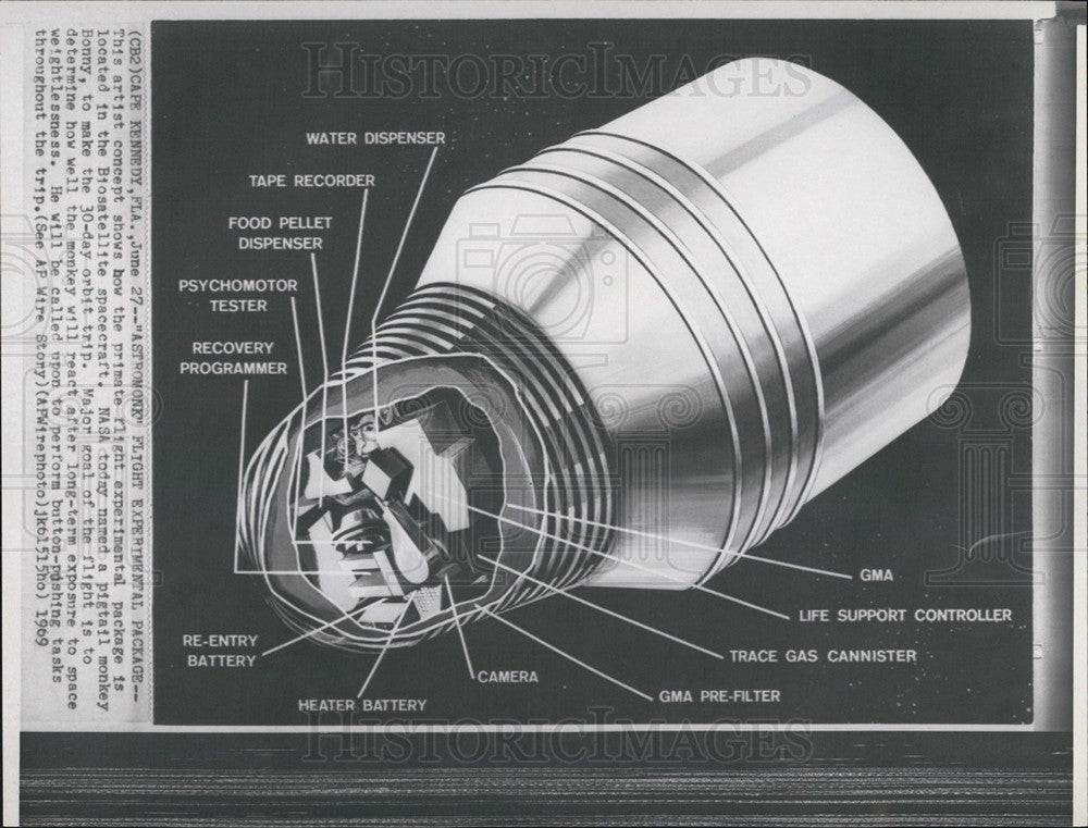 1969 Press Photo Biosatellite Spacecraft Astronaut Flight Package - Historic Images
