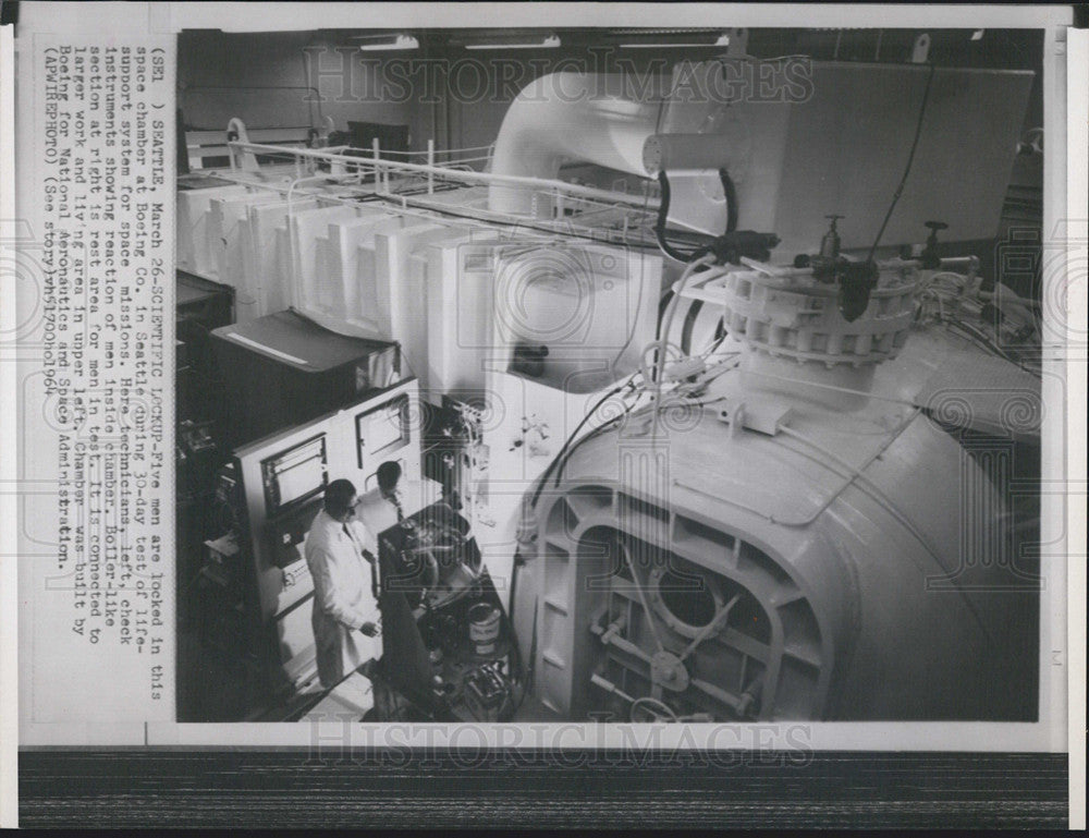 1964 Press Photo Men Are Locked In Space Chamber For Space Research At Boeing Co - Historic Images
