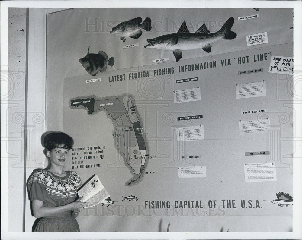 1965 Press Photo Display Board For Florida&#39;s New Fishing &quot;Hot Line&quot; - Historic Images