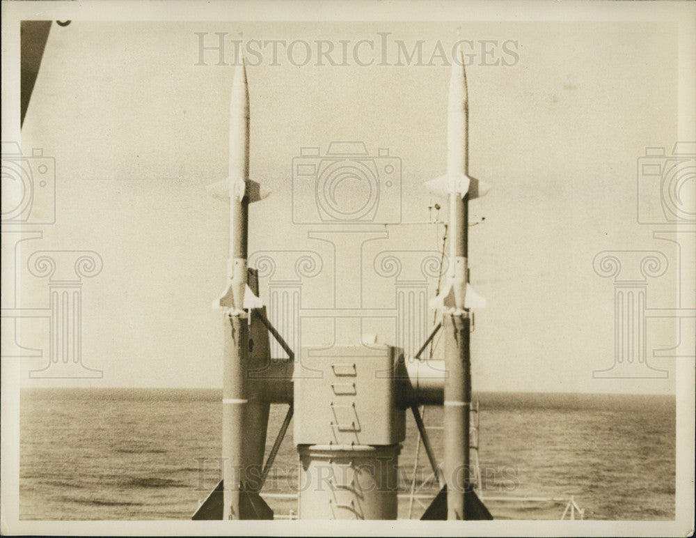 1956 Press Photo 2 Missiles On Boston&#39;s Racks See It Now Revolution In The Navy - Historic Images