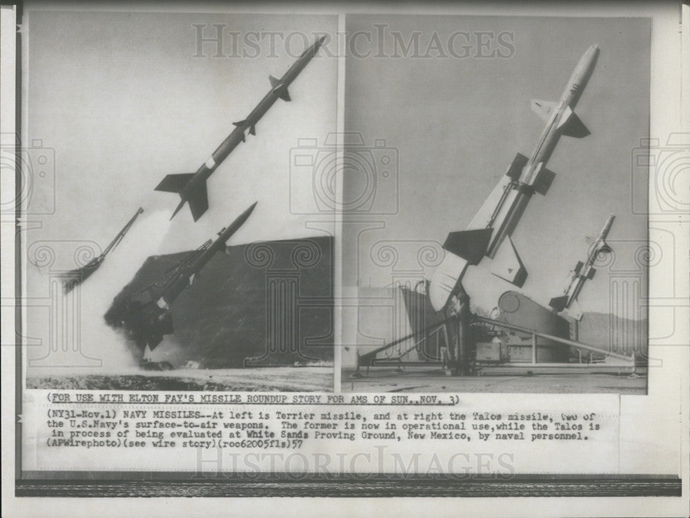 1957 Press Photo Terrier Missile And Telos Missile-Surface to Air Weapon-COPY - Historic Images