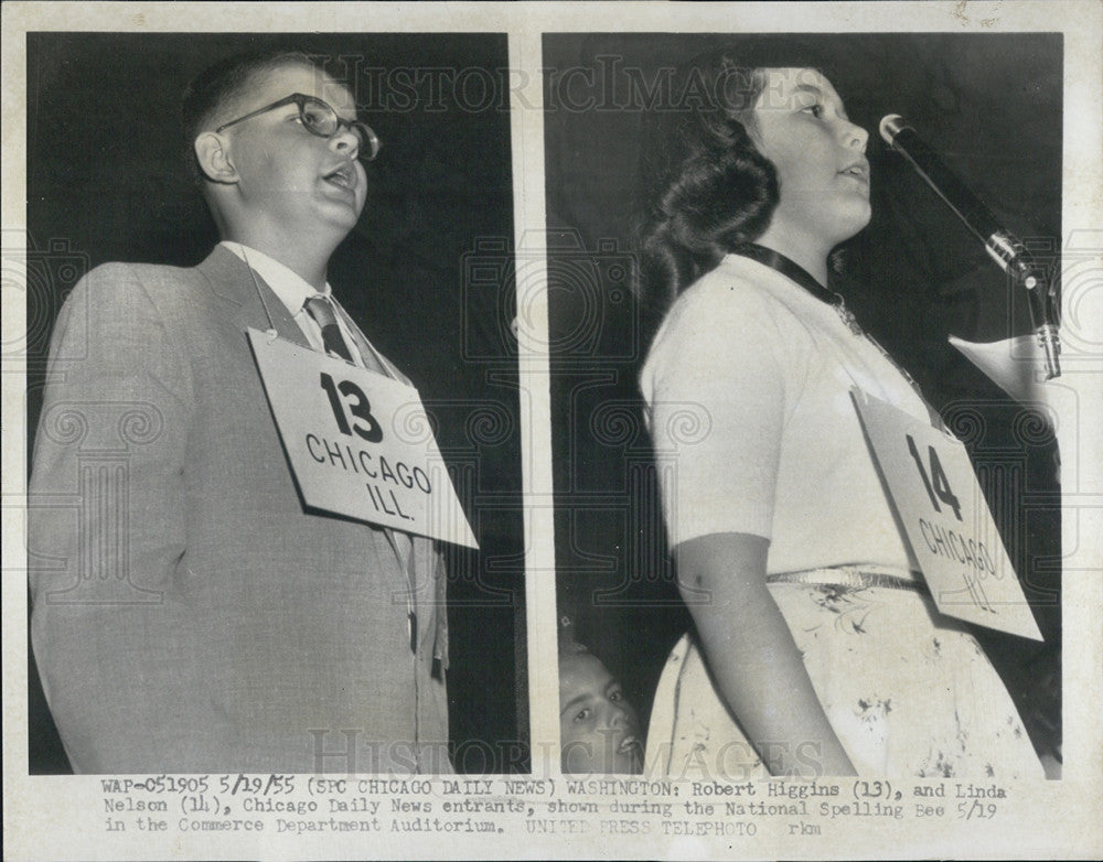 1955 Press Photo Robert Higgins, and Linda Nelson during National Spelling Bee - Historic Images