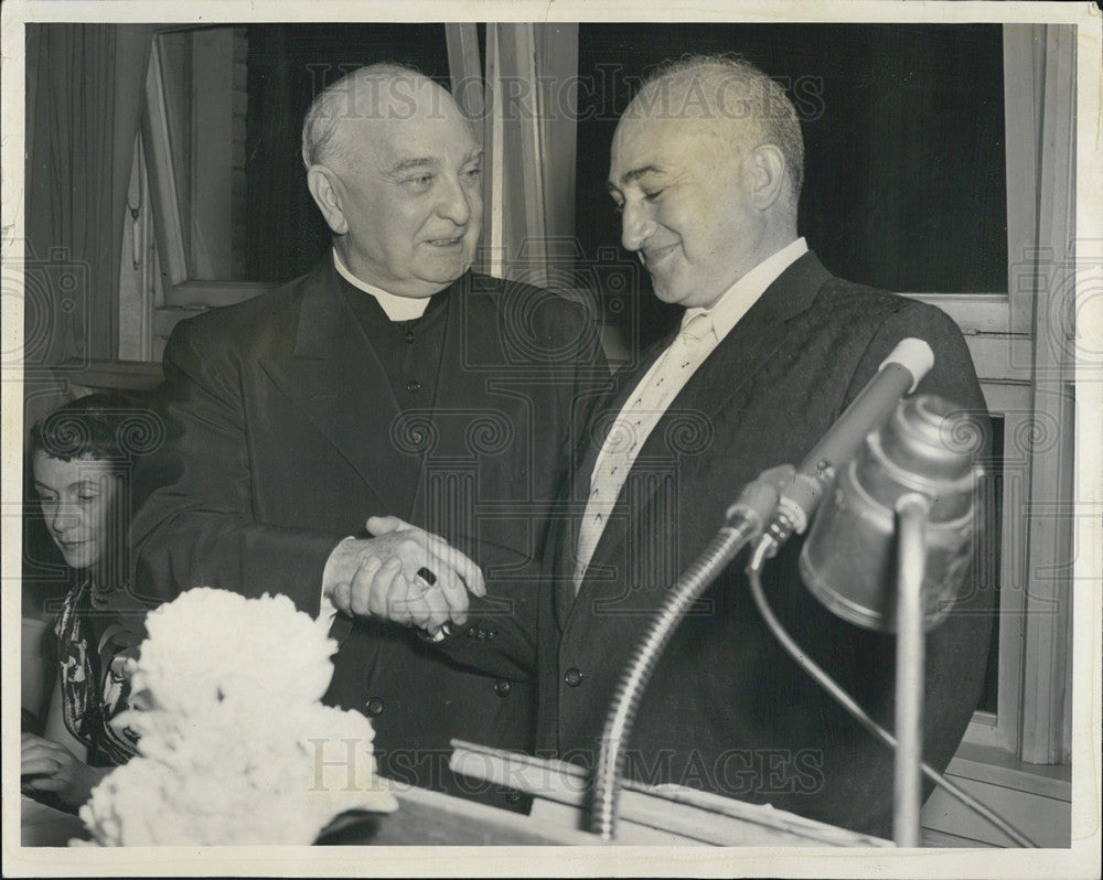 1955 Press Photo Bishop Bernard J. Sheil greeted by Rabbi Jacob Weinstein - Historic Images