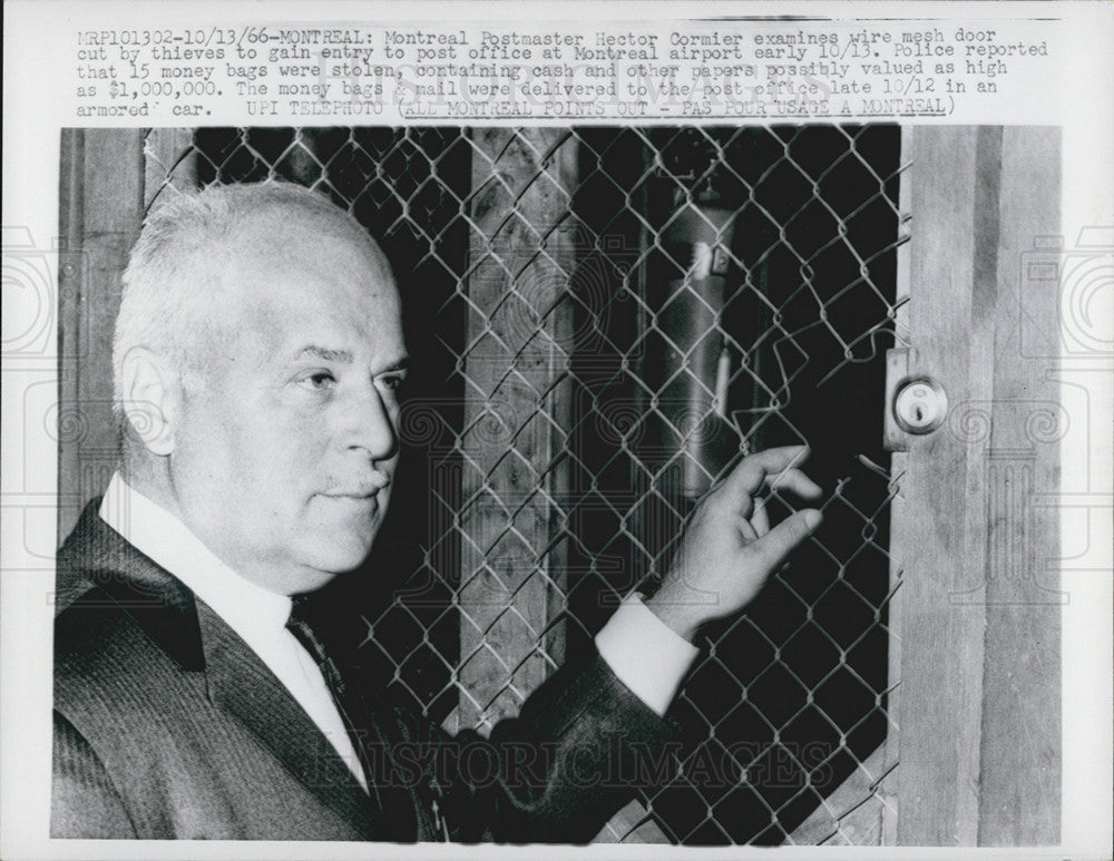 1966 Press Photo Montreal Postmaster Hector Cormier Inspects Post Office Robbery - Historic Images