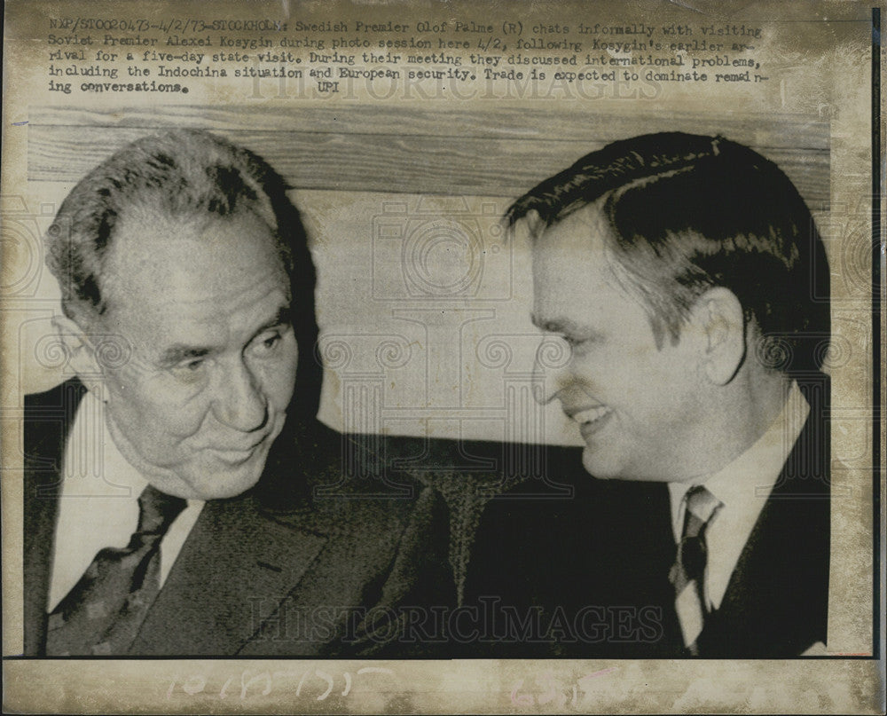 1973 Press Photo Swedish Premier Ol Of Palme Chates With Soviet Premier Kosygin - Historic Images