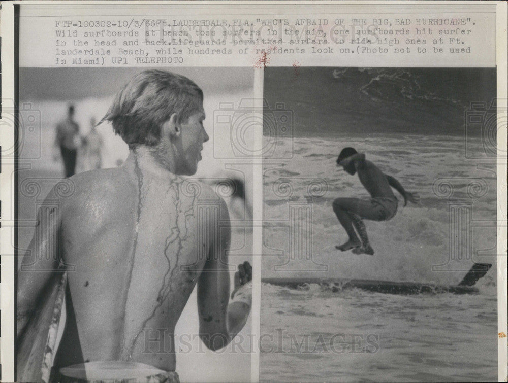 1966 Press Photo Fort Lauderdale surfer Hurrican Inez ride high waves - Historic Images