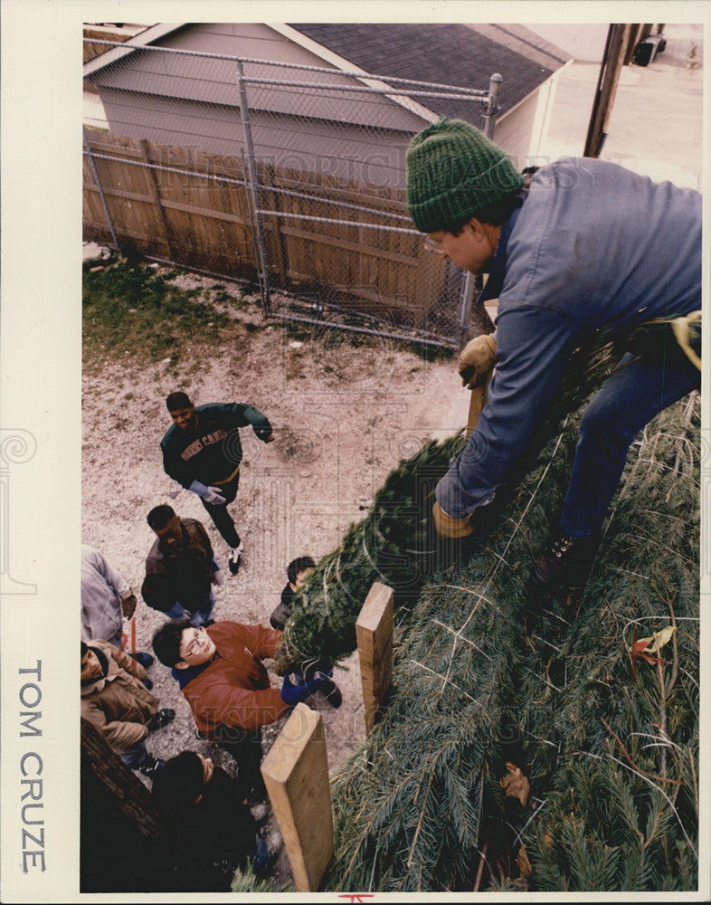 1990 Press Photo Young Entreprenuers selling Christmas trees. - Historic Images