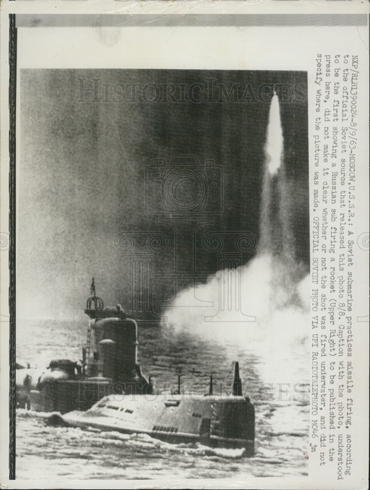 1963 Press Photo Soviet Submarine Firing Missile During Training Exercises - Historic Images